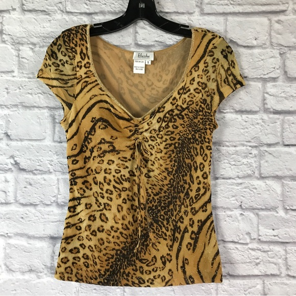NWOT Animal Print Top Blushé Sweetheart Neckline Ruched with Ties Made in Turkey - Picture 1 of 8